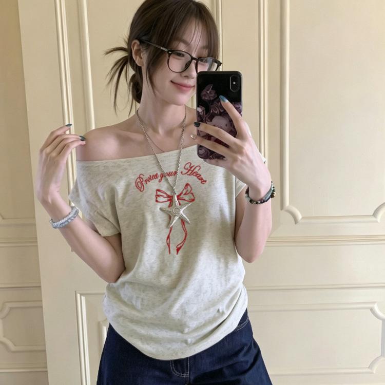 Korean Ins Bow Design White Slanted Shoulder Off-shoulder Short-sleeved T-shirt Women's Summer New Casual Loose Top