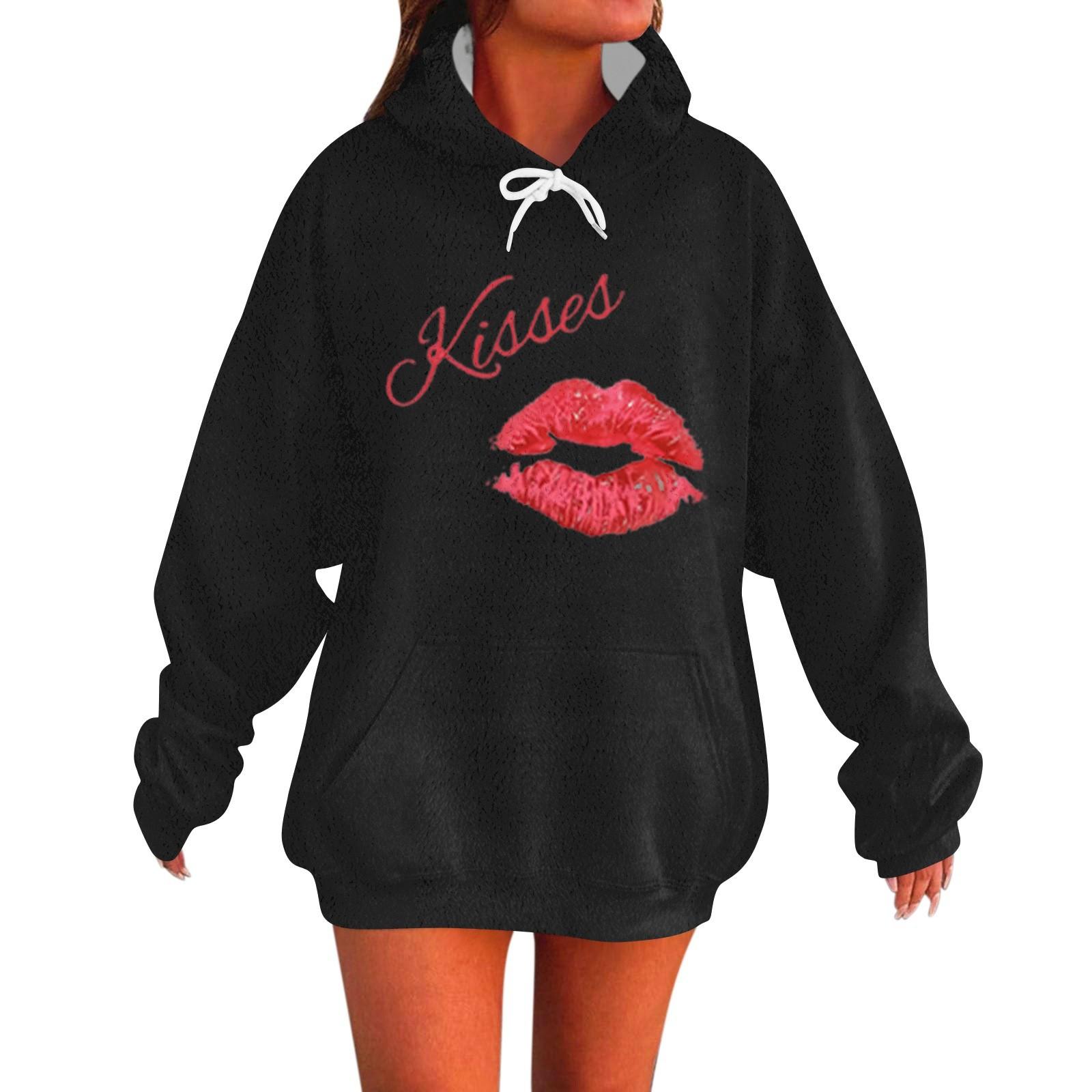 

KISSES Женская мода Повседневный свитер с длинными рукавами и капюшоном с принтом ко Дню святого Валентина XXXL чёрный