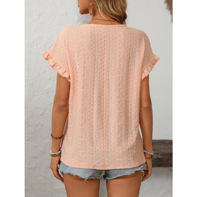 Sweet Short Sleeve Hollow Out Women T-shirt Summer New Solid Color Round Neck Top Casual Loose Sweet Ruffled Office Ladies Shirts Elegant Fashion