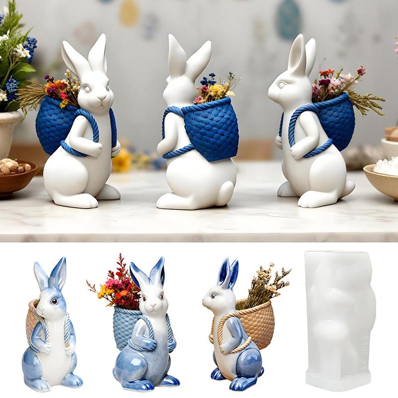 3D Easter Bunny Silicone Mold Diy Cute Animal Basket Rabbit Vase Ornaments Casting Molds Home Plaster Concrete Craft Gift Decor