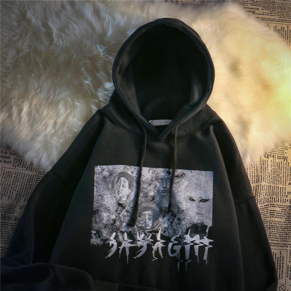 S~3XL Harajuku Gothic Hoodies Women Men Black Sweatwear Top Street Hip-hop Dark Black Hooded Sweater Women Thin Loose Long-sleeved Top