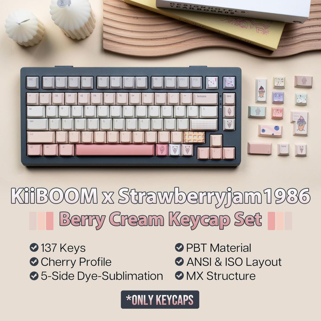 KiiBoom X Strawberry Jam 1986 Berry Cream Keycap 137 Keys PBT Custom Keycaps for Cherry Profile Mechanical Supports TKL Full Size Layout Set,