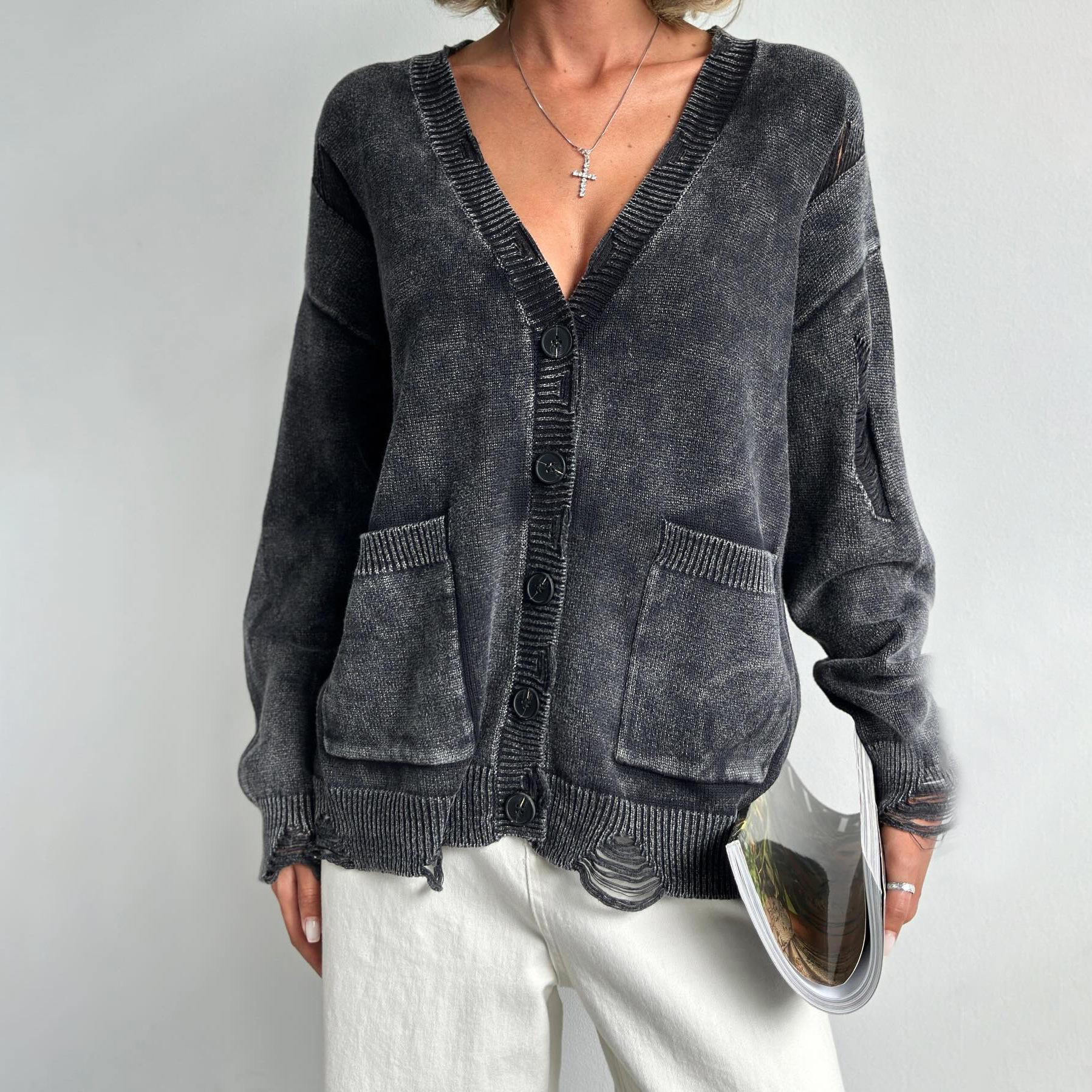 

Street Do Old Washed Ragged Wool Knit Cardigan Jacket Women Vintage American Placket Pockets Knited Jempers Autumn And Winter Models S