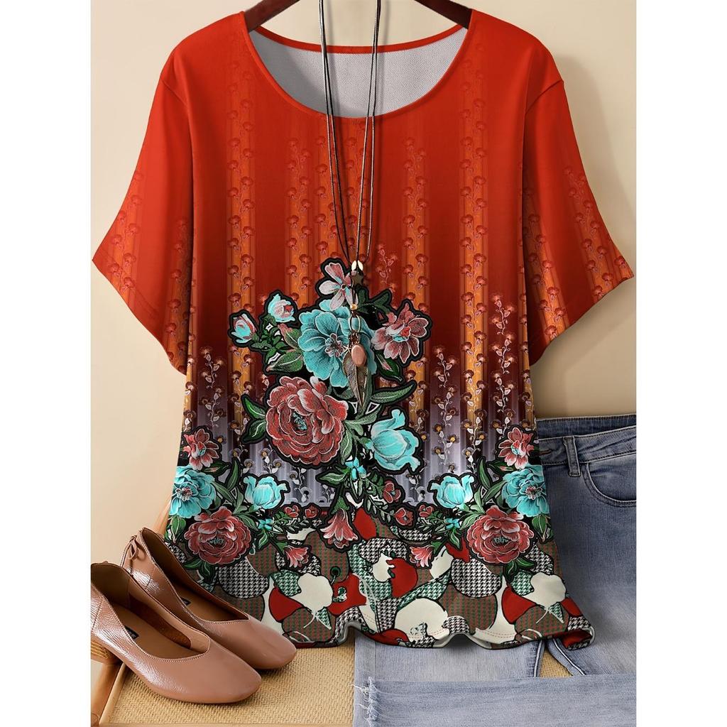 Summer Round Neck 3D Flower Pattern Print Top Fashionable Casual Short Sleeved Women's T-shirts