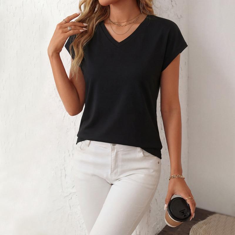 Women V Neck Short Sleeve Slim Fit Solid Casual Basic Inner T Shirt