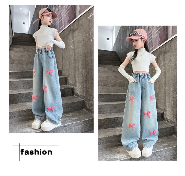 Girls' Chenille Bow Embroidered Fleece-lined Wide-leg Jeans - Stylish Autumn/Winter Slimming Pants