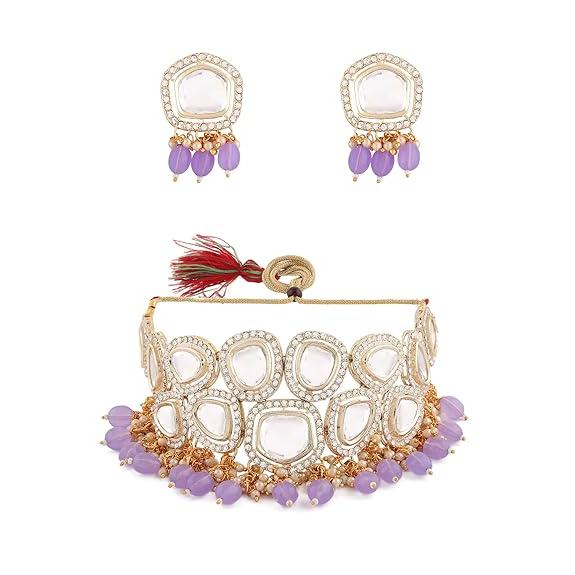 Свадебное колье-колье и серьги Kundan с фиолетовыми бусинами для женщин — фото 4
