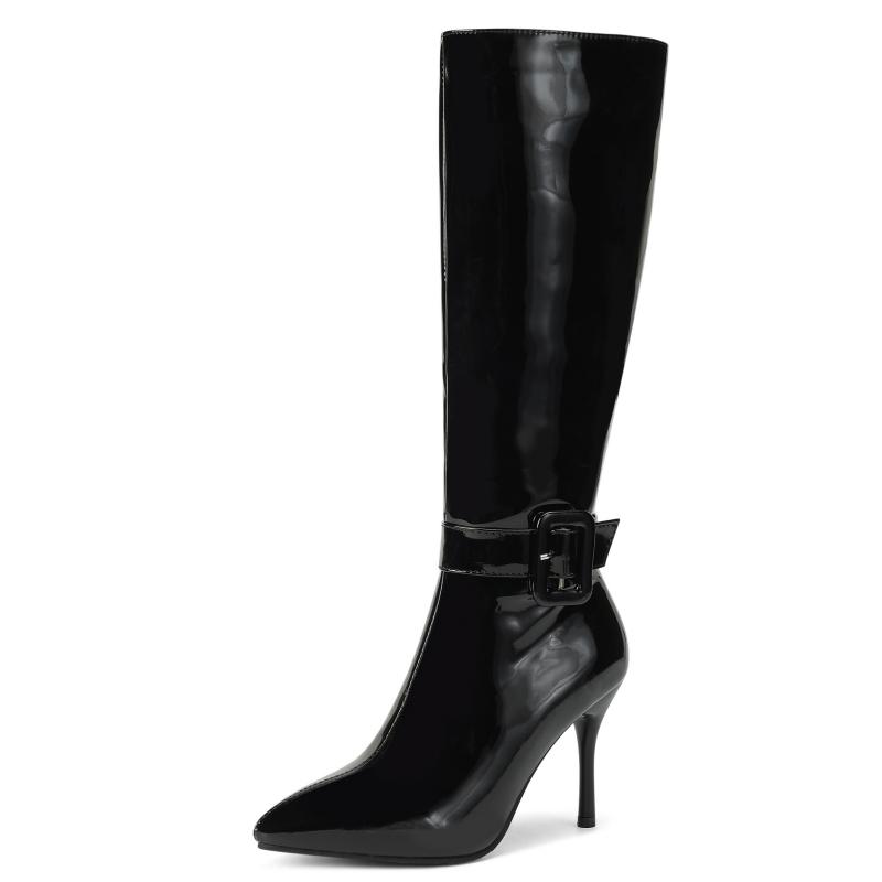 Black White Knee High Boots For Women Sexy PU Leather Winter Long Boot Female Thin High Heels Zipper Party Shoes Large Size 45