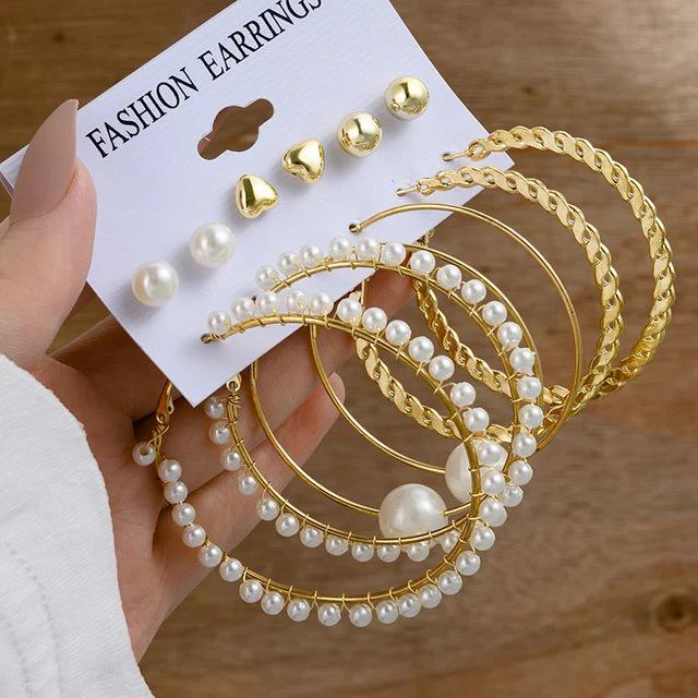 2024 European & American Fashion: Exaggerated Pearl & Crystal Butterfly Stud Earrings - 6 Pairs Set for Women