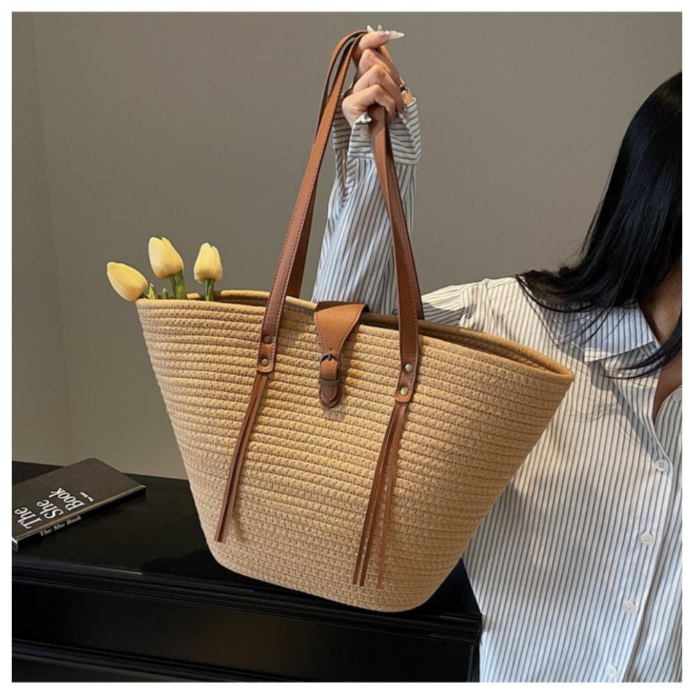 Large Capacity Woven Bag Women's New Straw Bag Shoulder Bucket Bag Portable Vegetable Basket Beach Bag Woven Straw Tote Bag for Women