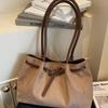 Suede Textured Tote Shoulder Bag For Women, Large Capacity Buckle Decor Hobo Purse, Retro Commute Handbag