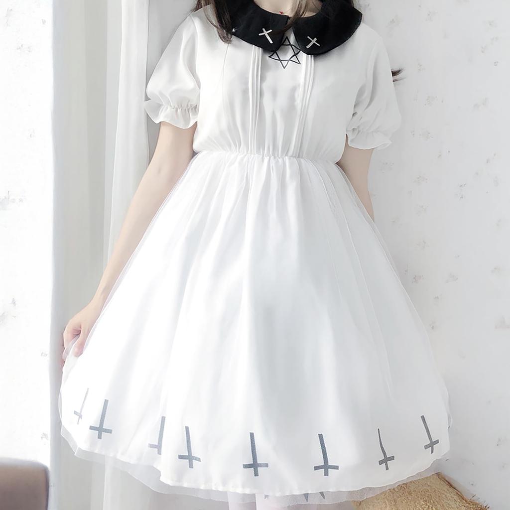 Milky Time Women's Dark Gothic Lolita Dress with Hexagram Design, Halloween Costume (White, Short Sleeves, Size M)