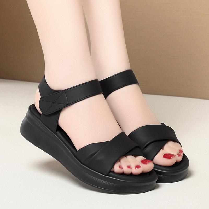 

Универсальные удобные туфли на плоской платформе женские сандалии на толстой подошве 2025 лето повседневные сандалии из мягкой кожи черные 41