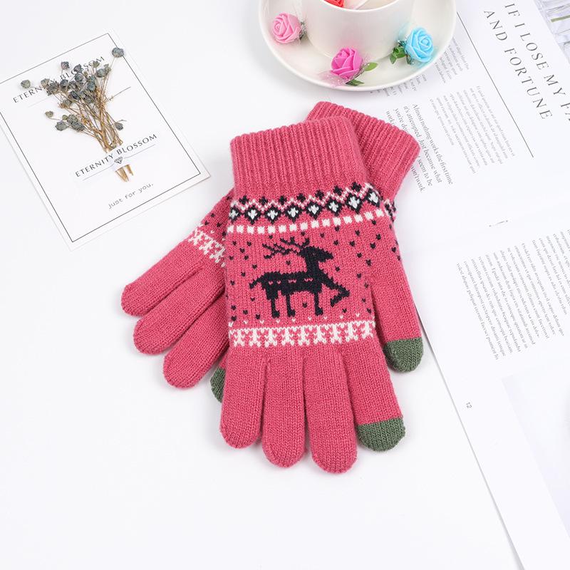 Korean Style Women's Warm Touch Screen Wool Gloves with Elk Print - Autumn/Winter Fashion, Christmas Couple Edition.