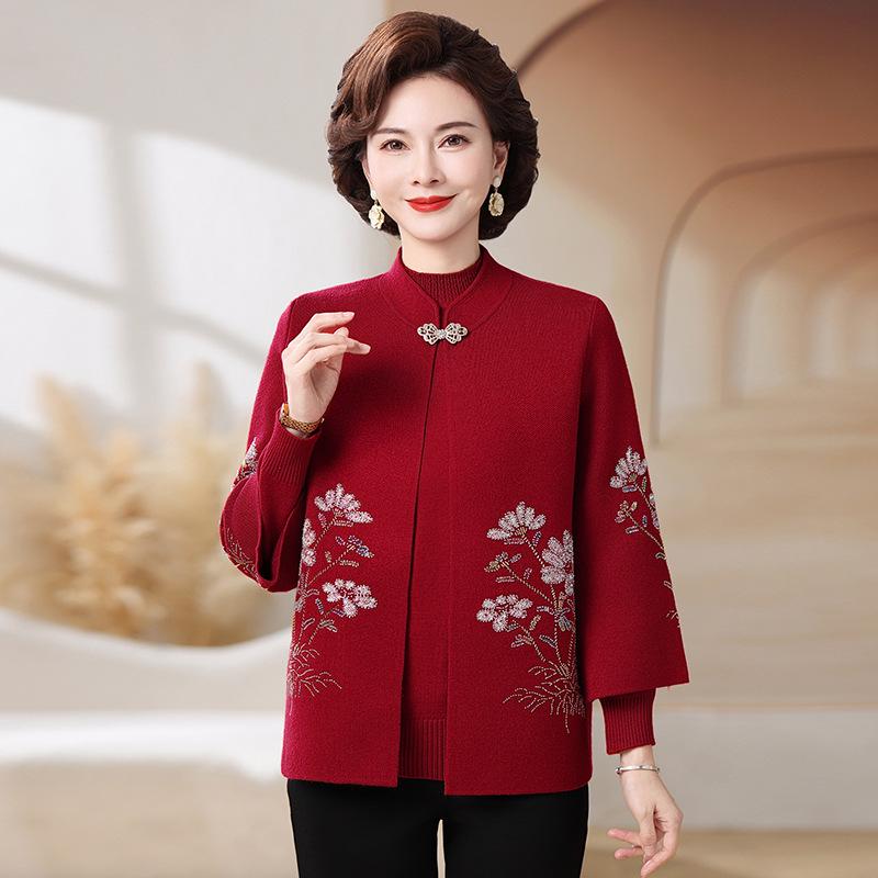 Mom's 2025 Autumn/Winter Knitted Cardigan with Embroidery for Middle-Aged and Elderly Women