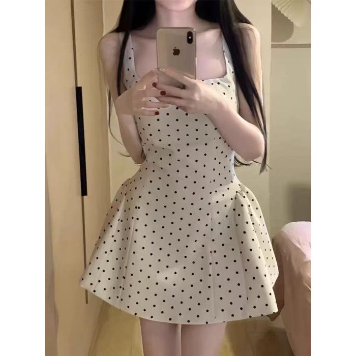 2026 Retro Polka Dot Women s Pleated Summer Vest Dress Extra Large