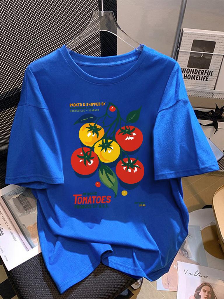 Summer Cotton T-Shirts Women Organic Tomatoes Produce Of Usa Prints Short Sleeve O-Neck Comfortable Loose Tops Casual Clothes