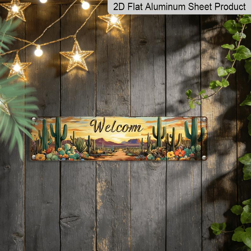 2D Flat 1pc Country Style Welcome Desert Cactus Metal Sign- Aluminum Decorative Sign, 3.93X15.74Inches, Farmhouse and Office Decor, No Electricity