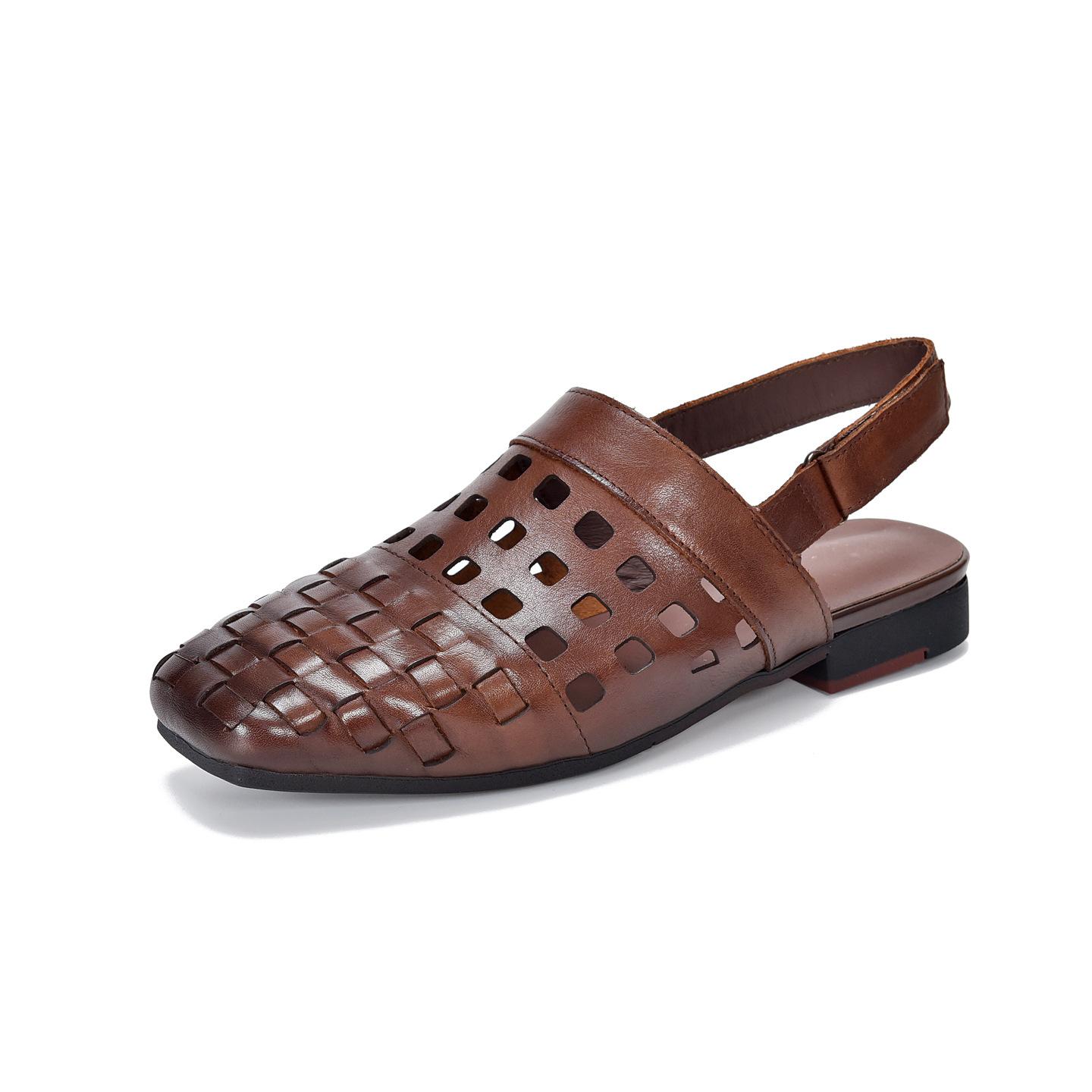 

Johnature Real Leather Low Heel Sandals Woven Hollow Out Versatile Square Toe Commuting Women s Shoes 40 кавовий
