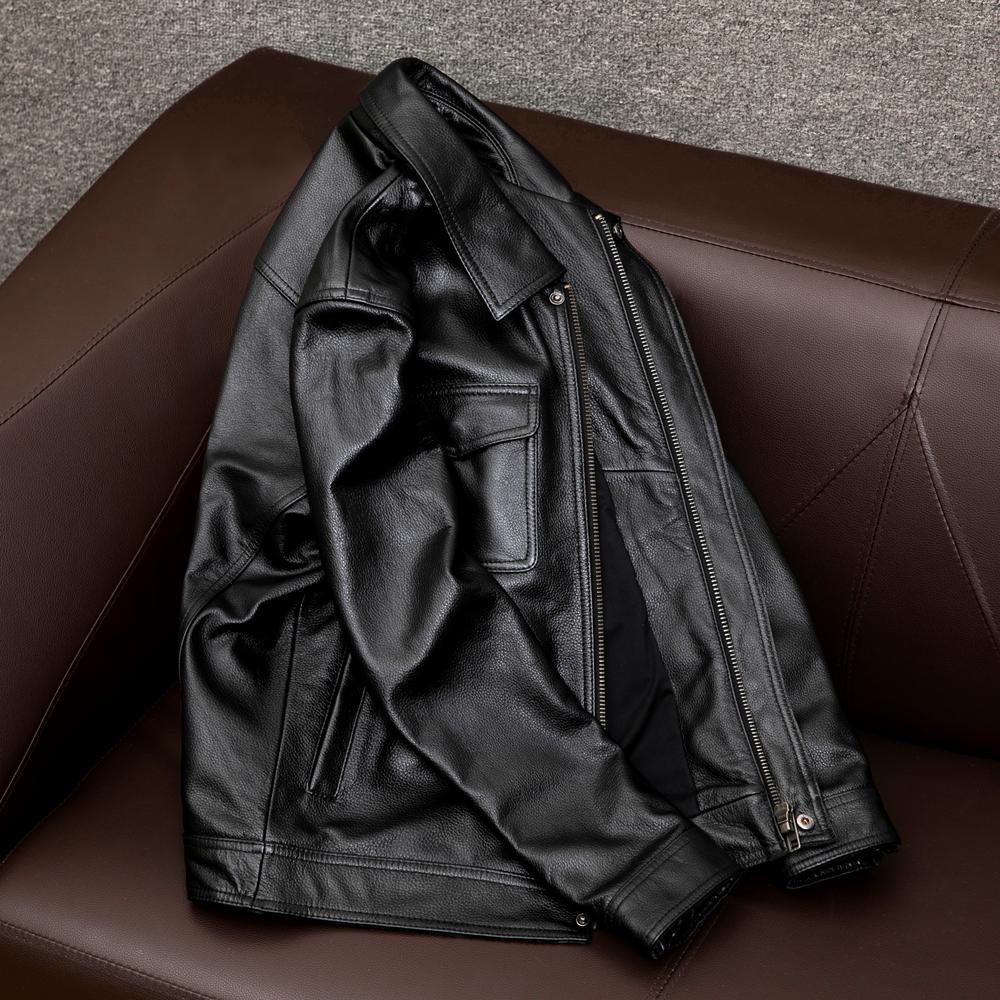 Mens Genuine Leather Jacket Short Style Faux Fur Lined Real Cowhide Biker Coat Winter Warm Plus Size