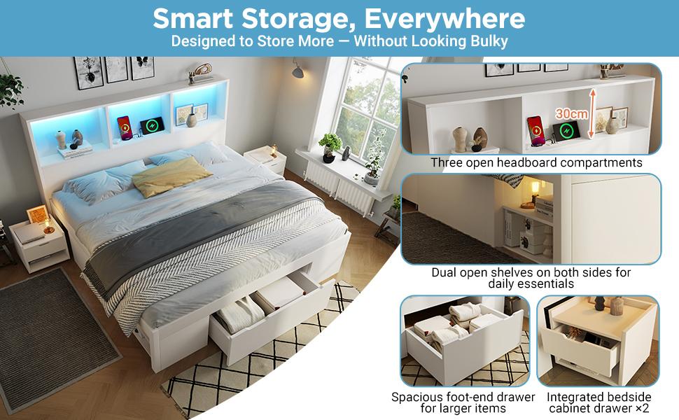 Bed 140x200 cm White with 2 Movable Nightstands, Wooden Bed with LED Lighting and USB Type-C Charging, Frame with Drawer and Shelves, without Mattress
