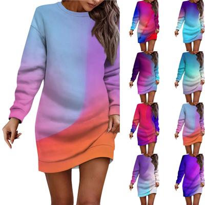Kadın Boya Baskılı Grafik Uzun Kollu Kalça Saran Elbise Sweatshirt Elbise