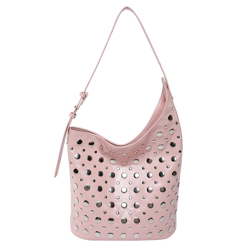 2025 New Super Cool Rivets PU Bucket Shoulder Bags Stylish Design Personality Large Capacity Armpit Bags for Women High Quality