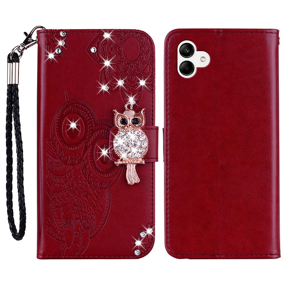 

For Samsung Galaxy A07 4G Wallet Case Owl Flower Imprinted Rhinestone Leather Cover Red