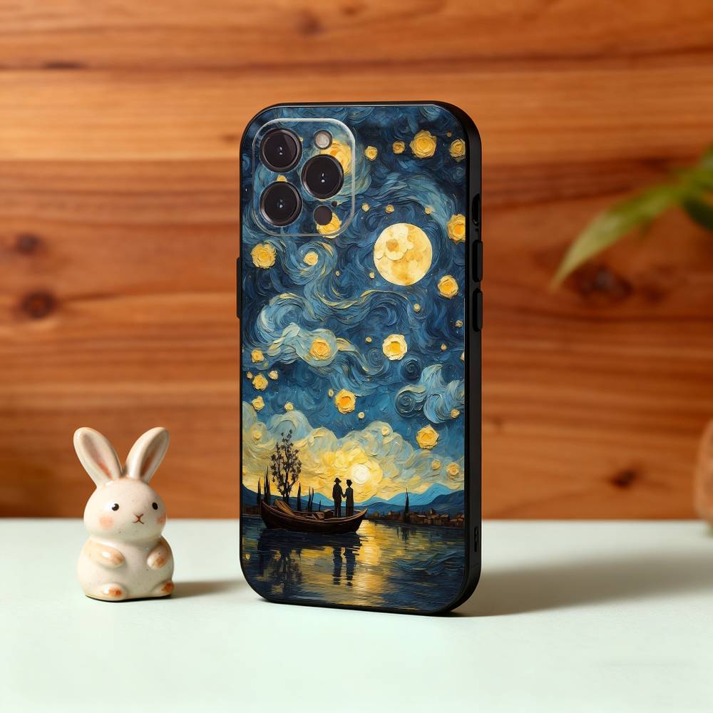 V-Van G-Gogh The Starry Night Phone Case For iPhone17,16,15,14,13,12Plus,Pro Max,XS,5G Soft Silicone Black Cover