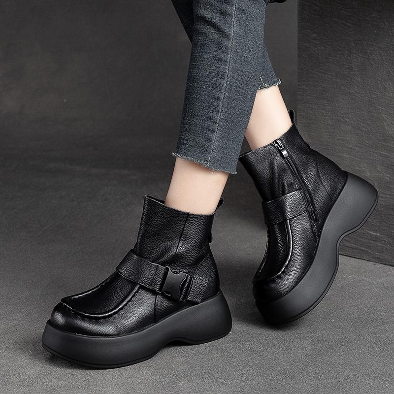 Fashion GKTINOO Women Motorcycle Boots Genuine Leather 2025 New Zip Thick Soled Women Shoes Casual Handmade Retro Short Platform Boots