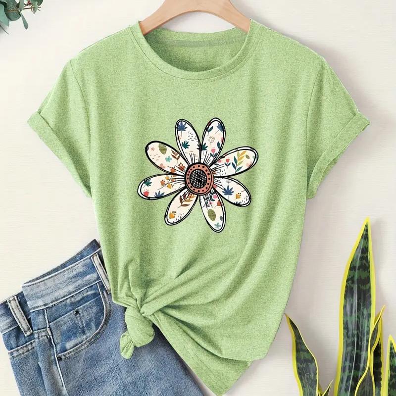 Women Summer T Shirt Retro Fashion Short Sleeve Tees Casual Flower Printed  Tops