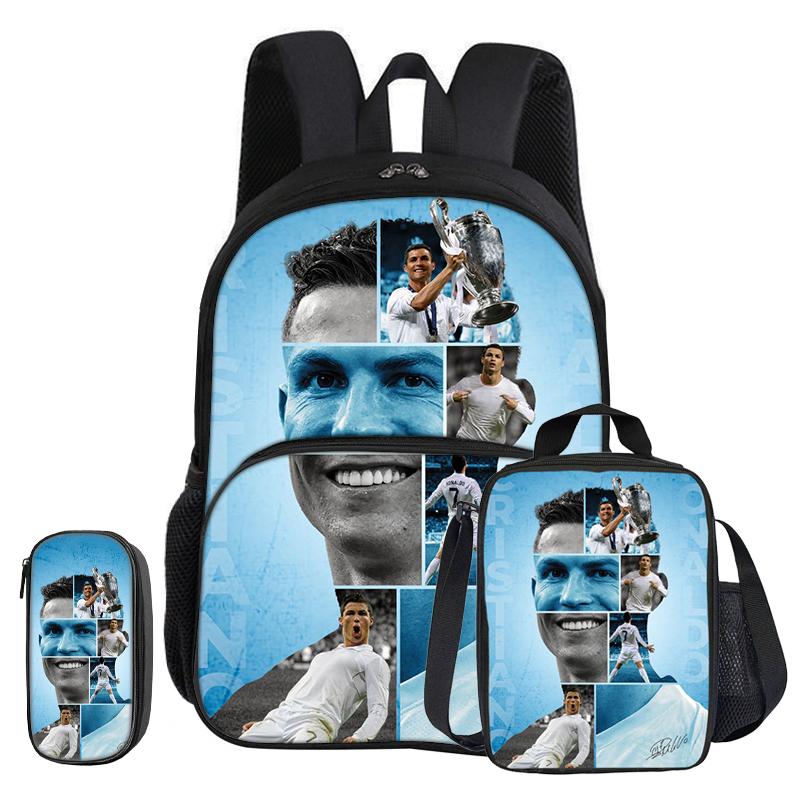 Ronaldo 3 Pcs Set with Front Pocket Backpack Football Sport with Thermal Insulated Lunch Tote Purse CR Football Star Pencil Case