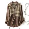 Frühling Herbst Gestreiftes Patchwork Mode Langarmhemd Damen High Street Casual Knopf Koreanischer Stil Elegant Schick Strickjacke