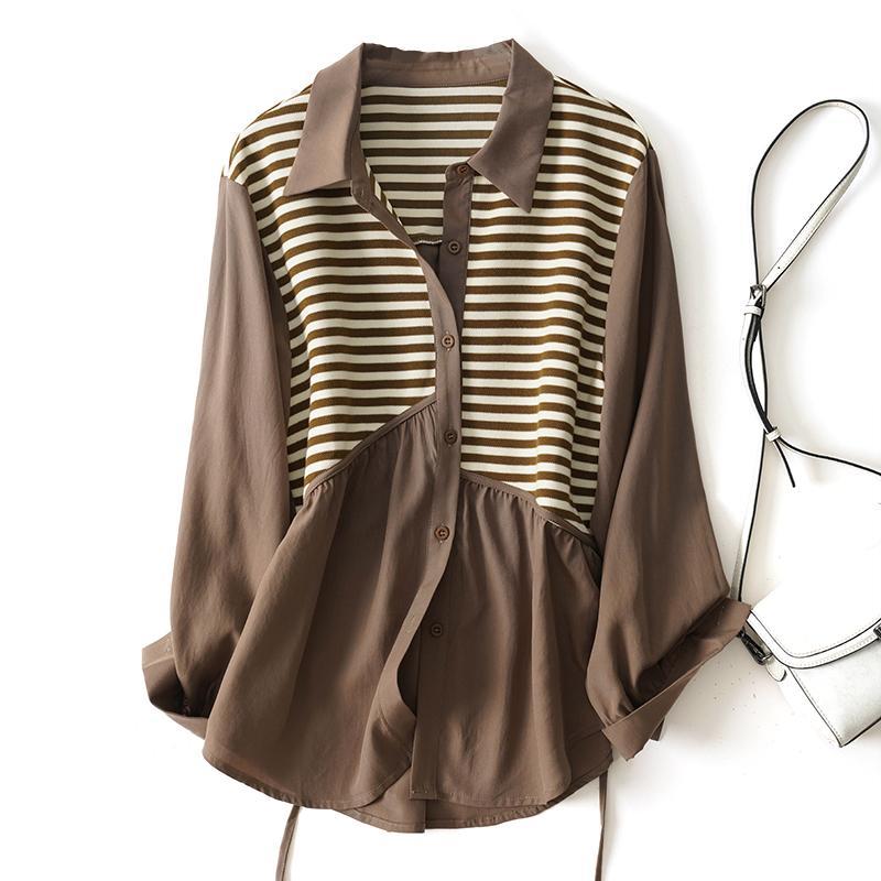 

Весна Осень Полосатая Лоскутная Мода Рубашка с Длинным Рукавом Женская Уличная Повседневная На Пуговицах Корейский Стиль Элегантный Шикарный Кардиган XXXL кофейный