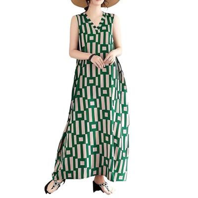 Damen Sommerkleid ärmellos V-Ausschnitt locker literarischer Urlaubsstil Strand Retro langes Kleid