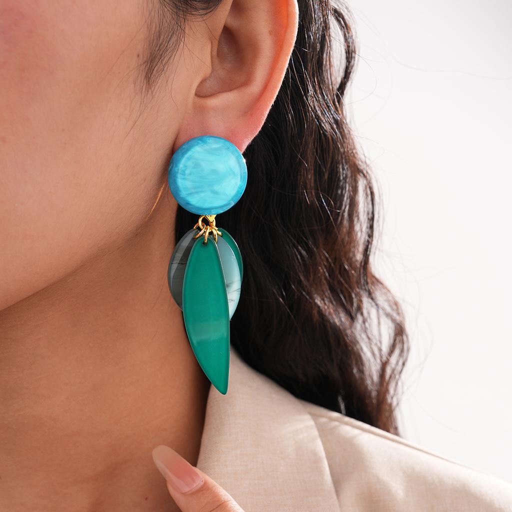 Resin round fringed silver needle earrings retro personalized stud earrings