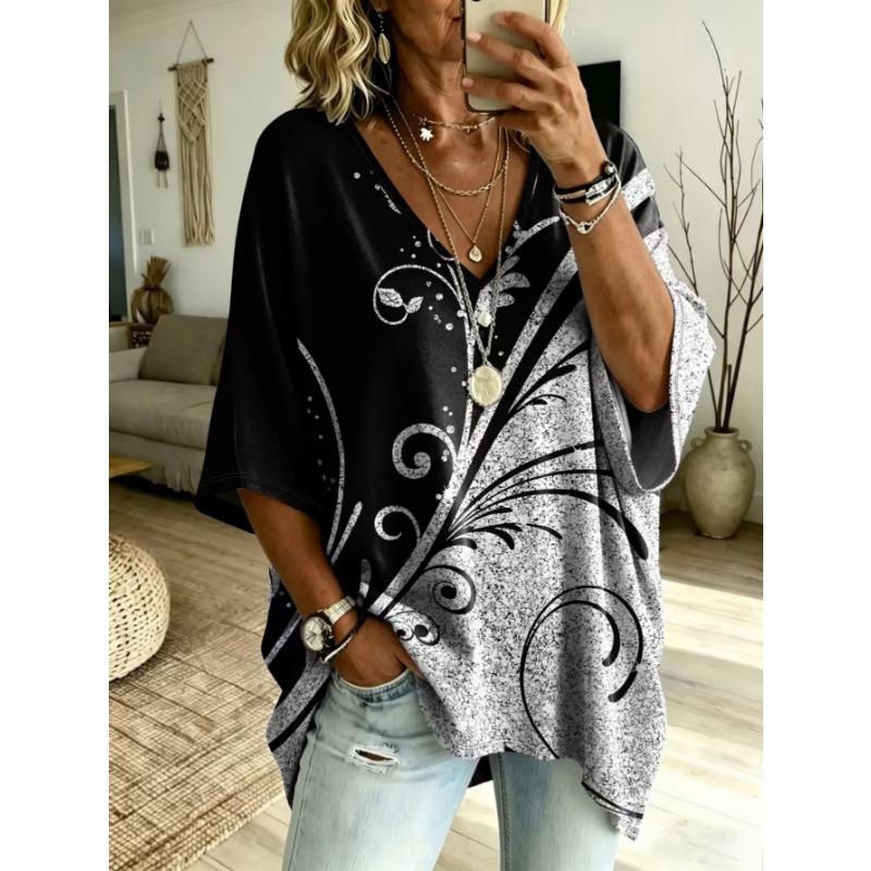 Women's large-size V-neck T-shirt, retro casual top, with printed design, fashionable and versatile ,machine washable.
