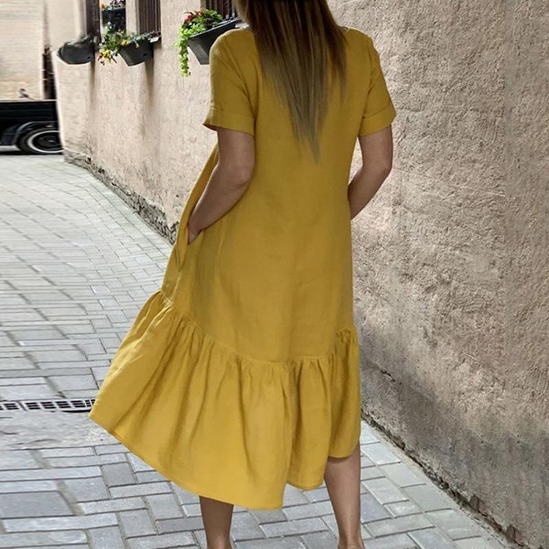 Dámské volány Lem Ležérní Volné bavlněné šaty s krátkým rukávem a výstřihem do O