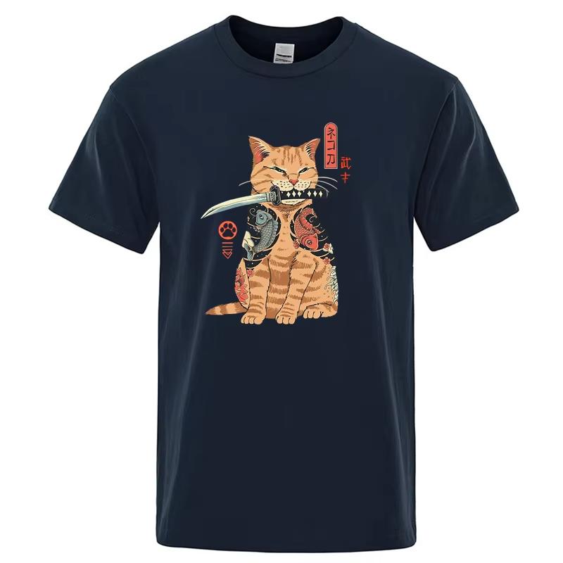Summer Mens Tshirt Top Quality 100 Cotton Short Sleeve Cool Knife Cat Print for Men Oneck Casual Loose Hip Hop Male Tees Top