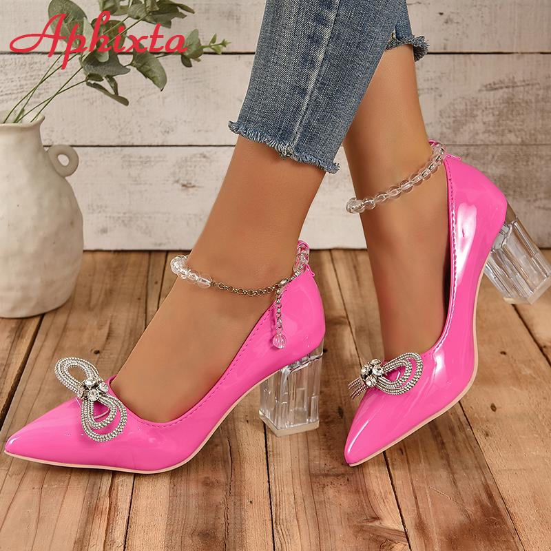 Fashion Aphixta  New Luxury Crystals Bow Transparent Bead Chain 7cm Transparent Chunky Heels Pumps Women Shoes String Bead Belt Chain