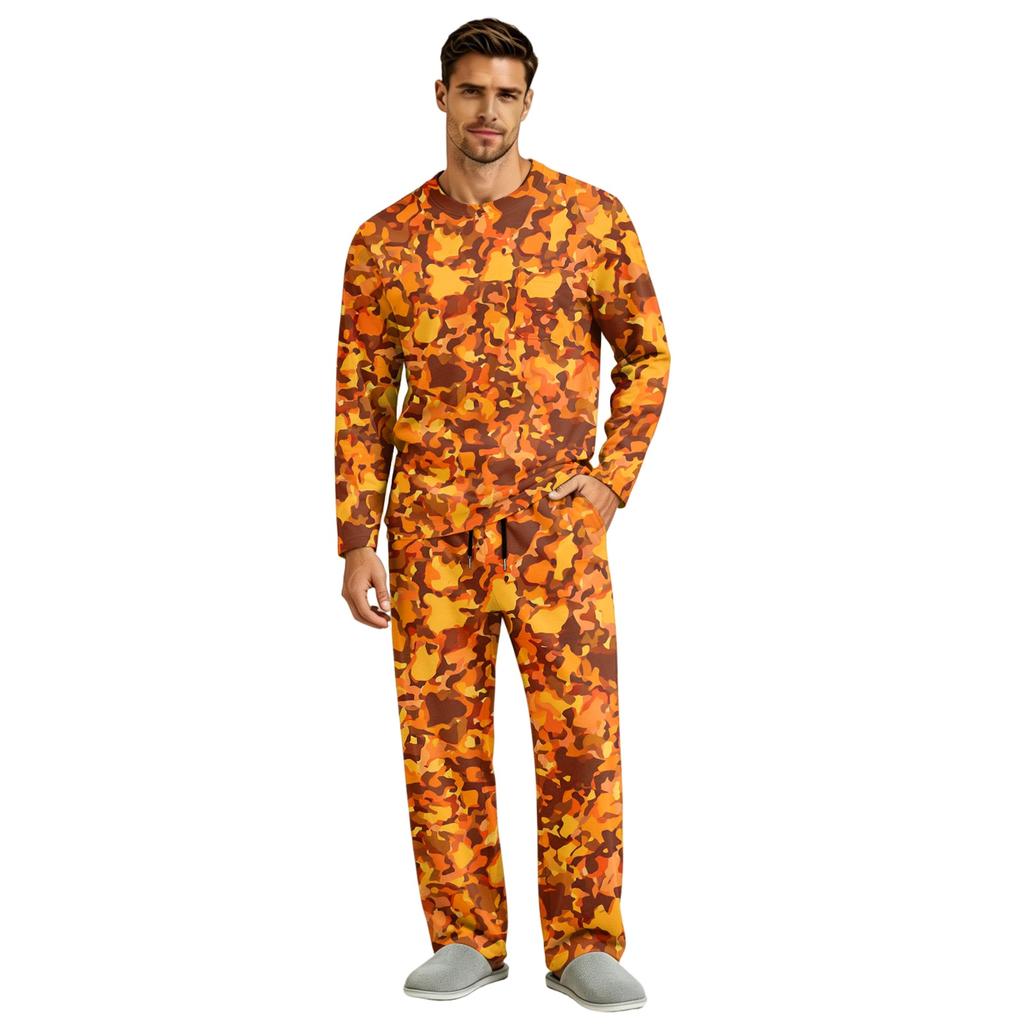 Men's Long Sleeve Pajama Set with Button Crotch and Elastic Drawstring Waist Pants for Home Loungewear