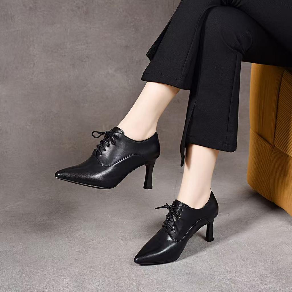 Pointed deep mouth single shoes women's autumn new lace-up stiletto women's shoes temperament sheepskin high heels