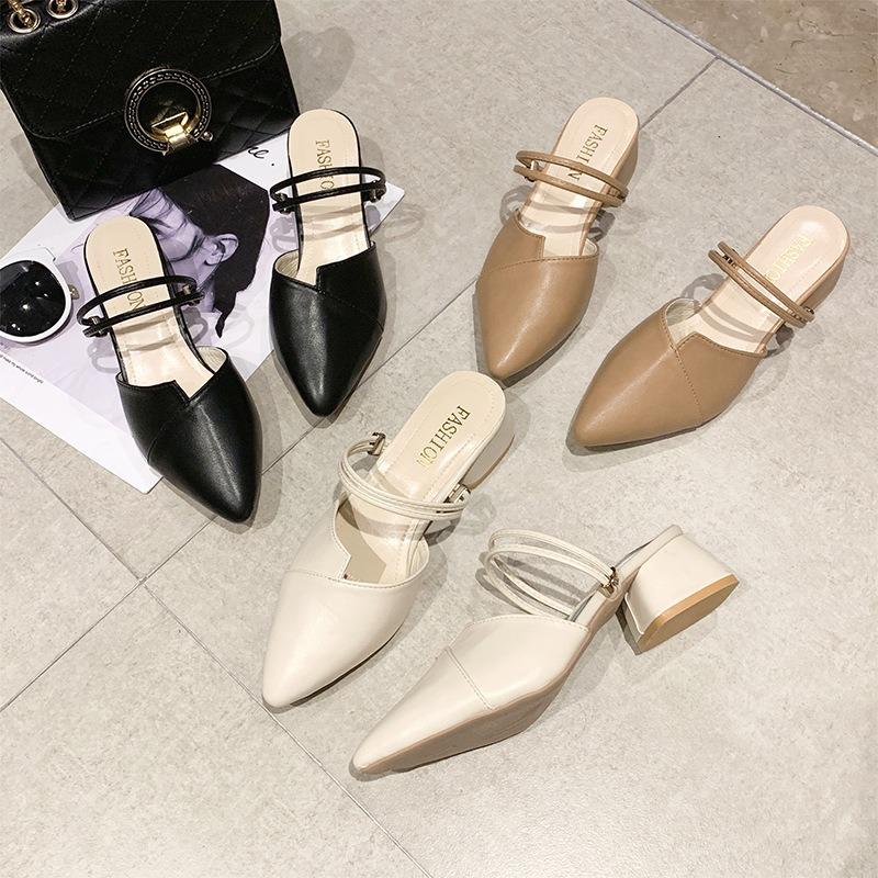 Baotou Sandalen Damen Sommer Oberbekleidung Damenrock Temperament Dicke Ferse Spitz Halb-Slipper Einzelne Schuhe High Heels