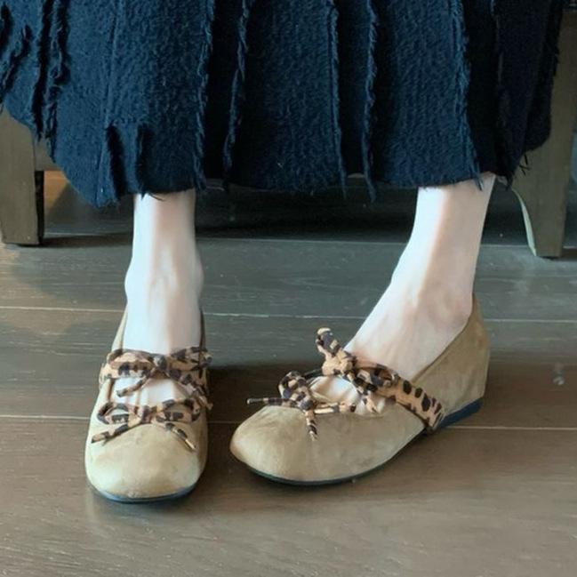 French Mary Jane shoes retro suede leopard print bow inner height increase super foreign style with skirt versatile single shoes women