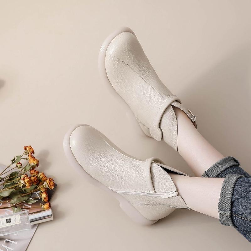 Autumn Early Winter Genuine Leather Shoes Women Ankle Boots Soft Brand Ladies Fashion Boots Plus Size 41 Beige Black