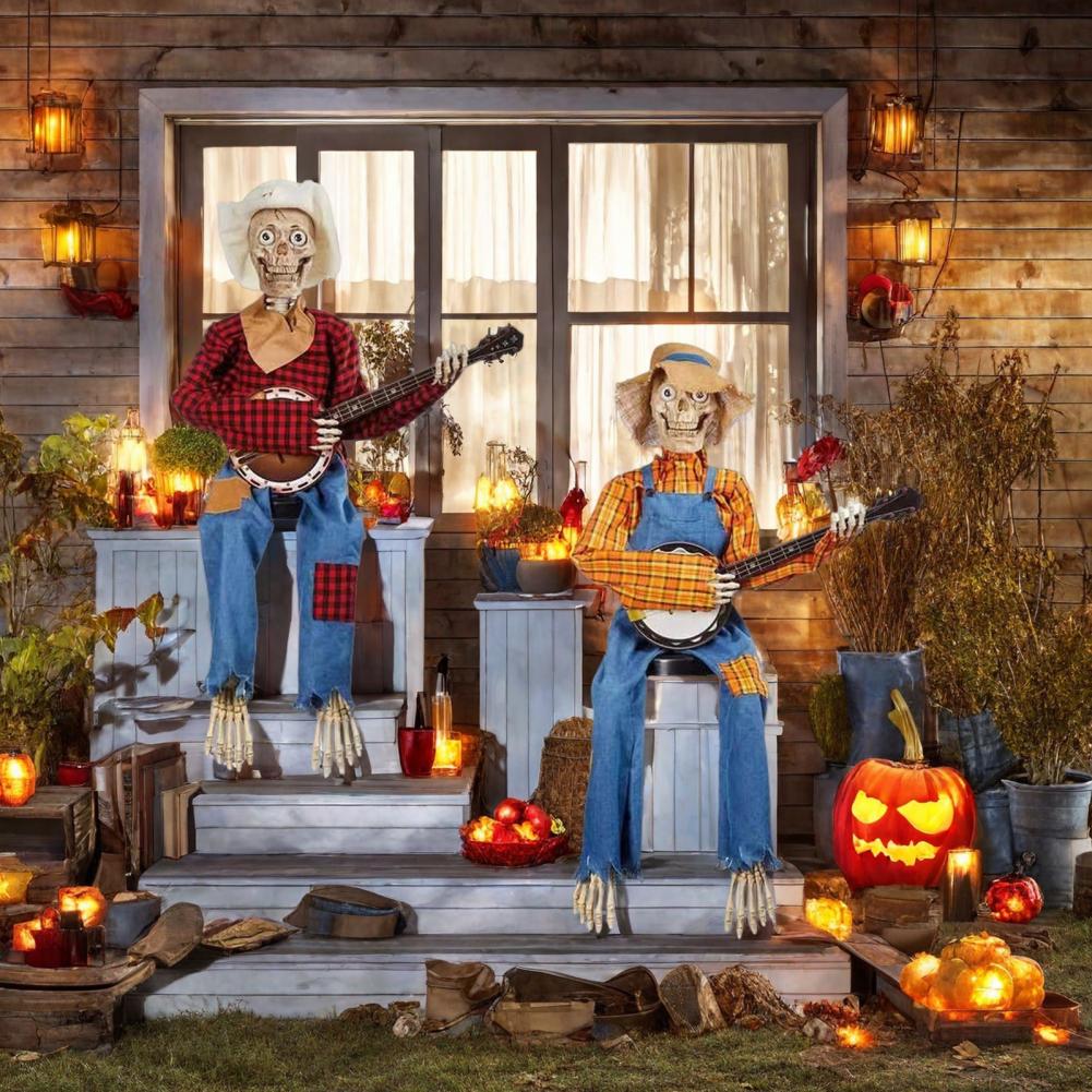 Halloween Animated Banjo Skeletons Fall Country Skeleton Musician Playing Banjo Figurine for Thanksgiving Autumn Harvest Decor