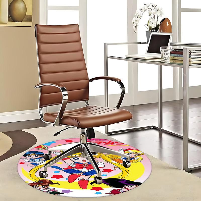 1pc Sailor Moon Anime Cartoon Design Round Carpet for Office Chair Mat, NonSlip Rug Suitable for Home Decor, Living Room, Bedroom