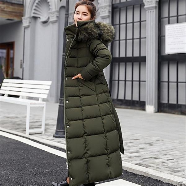 Giacca parka da donna alla moda invernale calda di media lunghezza con cappuccio casual, con collo in pelliccia rimovibile, per donna