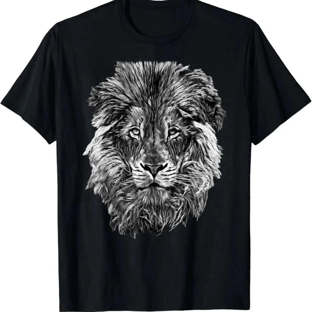 Unisexs Black Cotton Jersey T Shirt Lion Print Crew Neck vintage Washed homme fashion Comfortable designer clothes Stretched