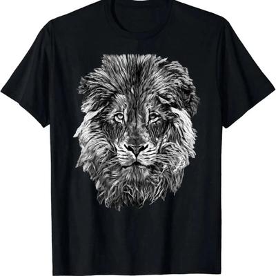 Unisexs Black Cotton Jersey T Shirt Lion Print Crew Neck  Vintage Washed Homme Fashion Comfortable Designer Clothes Stretched
